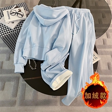 秋冬宽松休闲连帽加绒卫衣外套卫裤套装，女装套装/套裙，江南