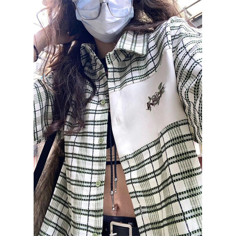 绿白格纹polo领短袖衬衫男女藤蔓刺绣小众中长款上衣CA099,男装T恤,星座1116A（原606A-3）
