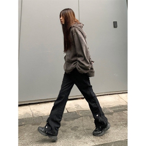 高街美式排扣牛仔裤拉链设计感直筒牛仔裤图片