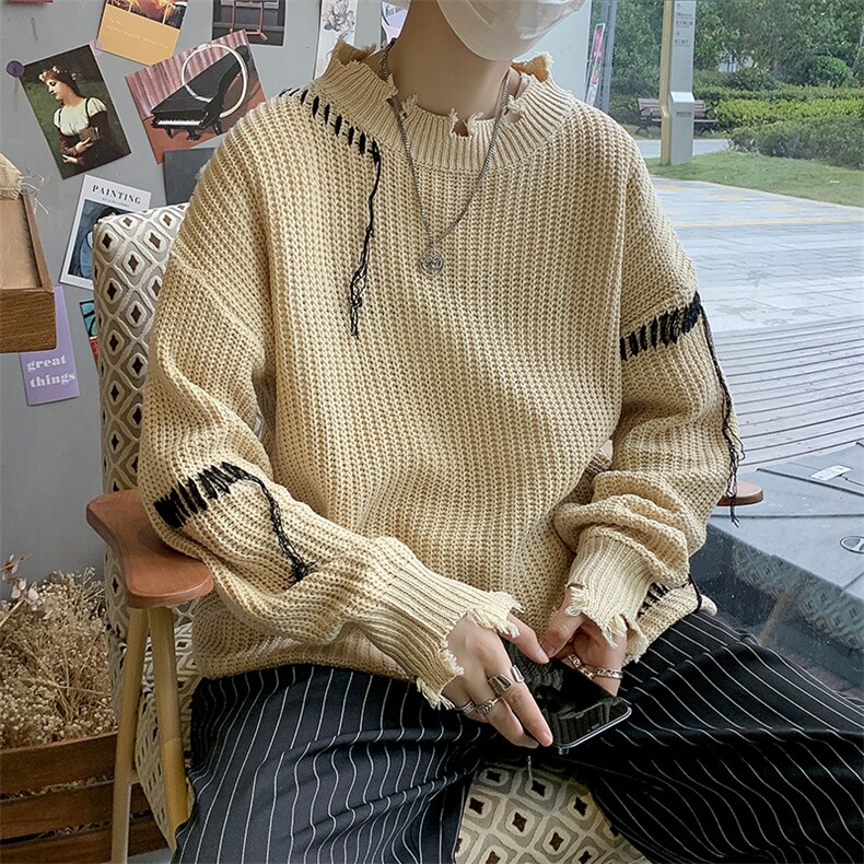 毛边破洞针织衫2021新款原宿风秋冬复古宽松外穿毛衣M163-P43,男装针织衫/毛衣,星座512-4