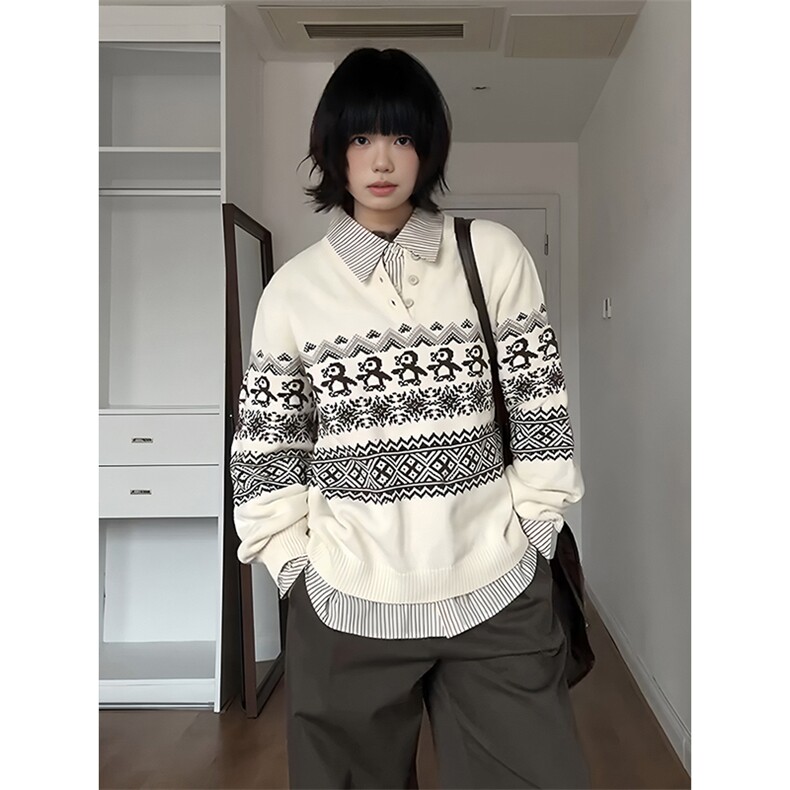 重磅秋冬装北极绒套头毛衣美式复古休闲慵懒风提花工艺针织衫外套图片