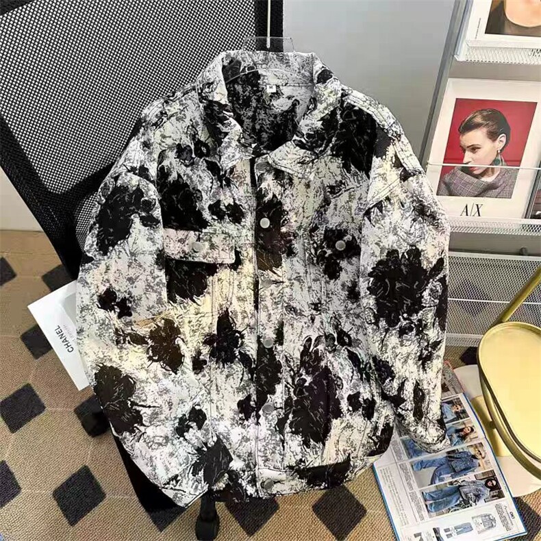男士牛仔衬衫长袖春秋高级感扎染花卉提花痞帅衬衣313B-CS137-P55图片