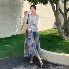 现货高级感蕾丝镂空罩衫印花吊带裙套装两件套2526P145K218，女装连衣裙，2C029