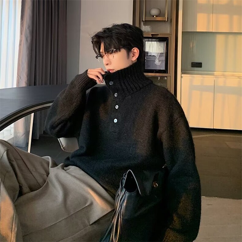 男士黑色排扣毛衣高领打底衫内搭线衣2025新款秋冬季潮牌针织衫帅，男装T恤，星座506A