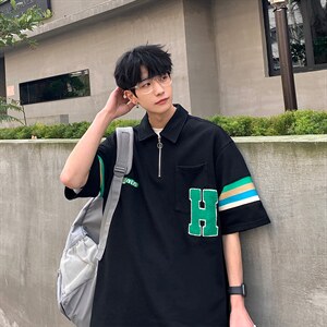 2023夏新款港风撞色印花宽松显瘦短袖T恤上衣POLO衫T2228-P58，男装T恤，星座914-3