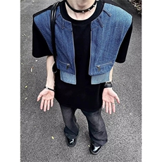 网图有货美式假两件垫肩拼接牛仔短袖男夏季半袖上衣A652-P40，男装T恤，星座1505