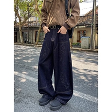 美式小众刺绣拼接重工亚比春季复古做旧微喇牛仔裤女拖地阔腿长裤，男装牛仔裤，星座218-8