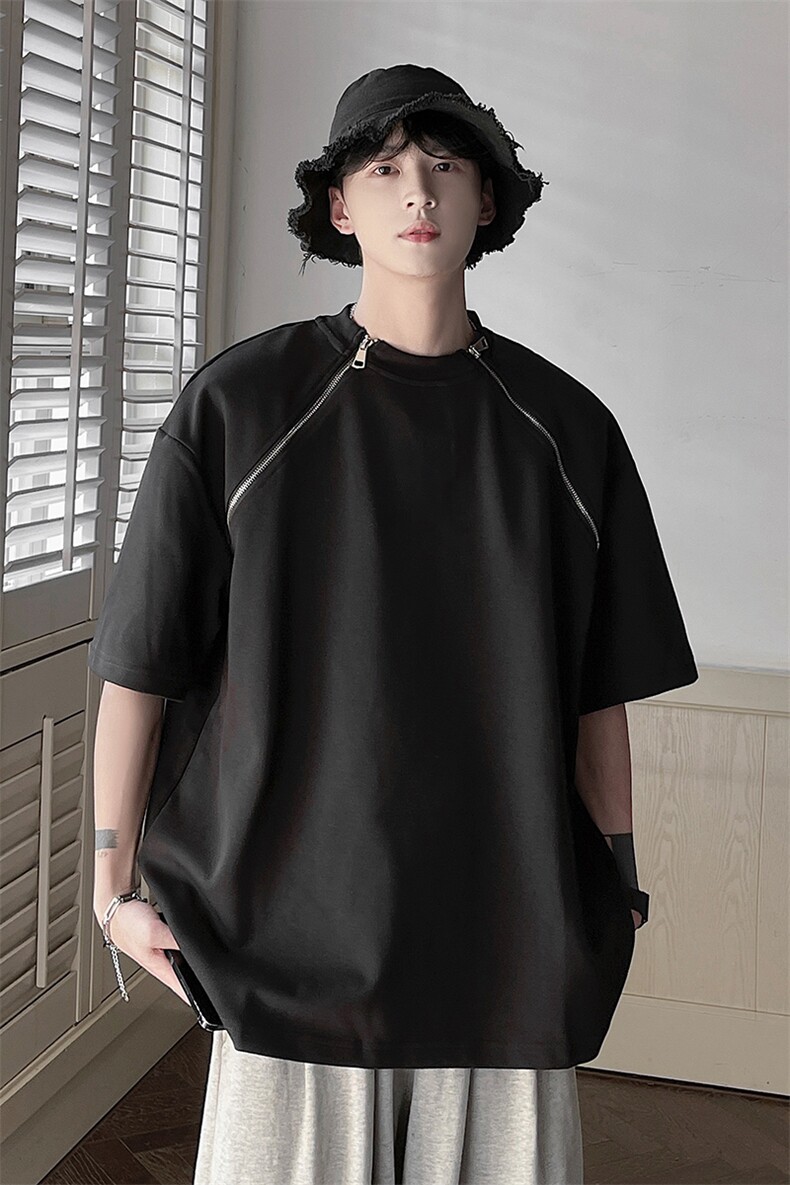 港风美式双拉链设计T恤男休闲大码情侣短袖T恤男DT77098P40控58,男装T恤,星座226-1