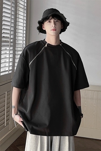 港风美式双拉链设计T恤男休闲大码情侣短袖T恤男DT77098P40控58图片