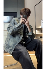 潮牌休闲牛仔外套男士提花潮流清理宽松百搭夹克JA8815-特价P66，男装夹克，电商A007