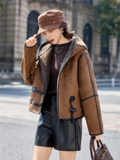 时尚休闲连帽麂皮绒皮毛一体外套女2025秋冬新款加绒加厚保暖棉衣，女装短外套，美沁