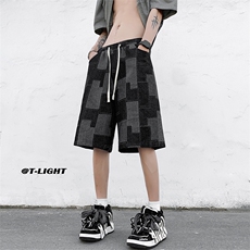 美式ins高街牛仔短裤小众百搭拼接渐变牛仔裤K2309-P45控68，男装牛仔裤，电商A062