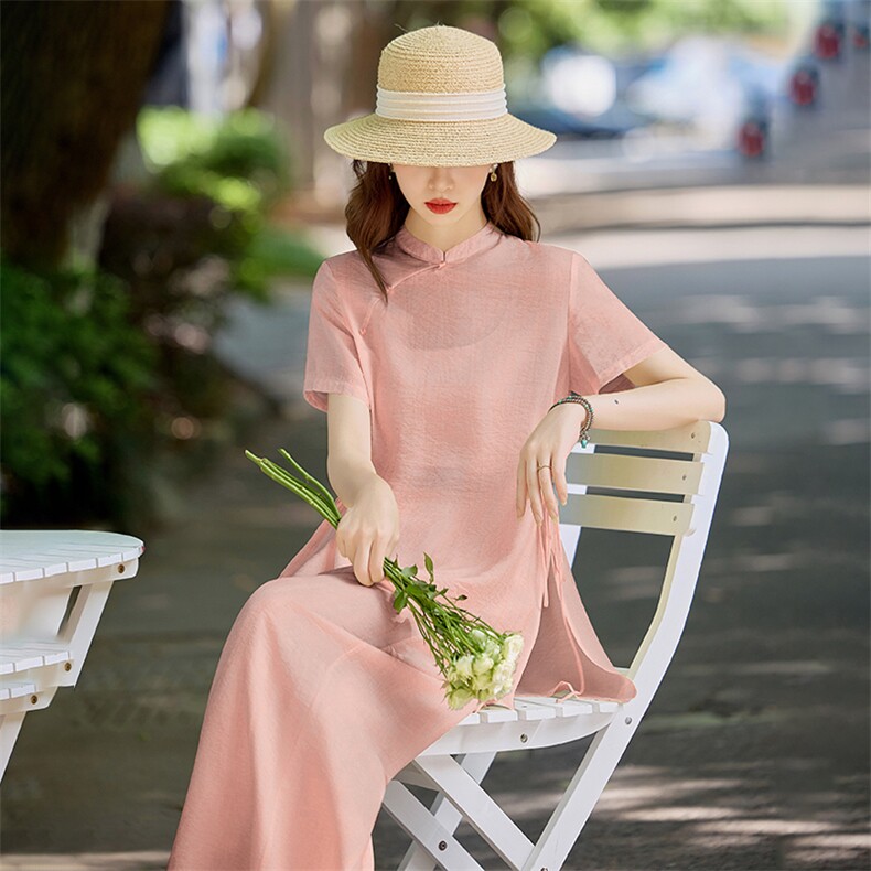 洋气粉色新中式套装女2026夏季薄款立领盘扣上衣显瘦阔腿裤两件套,女装套装/套裙,水衣源