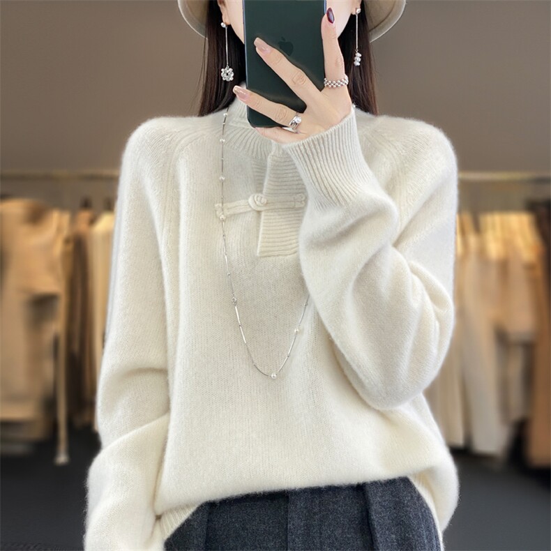 复古新中式100%纯羊毛衫女半高领盘扣长袖针织毛衣宽松加厚羊绒衫,女装羊毛衫,北娇羊绒