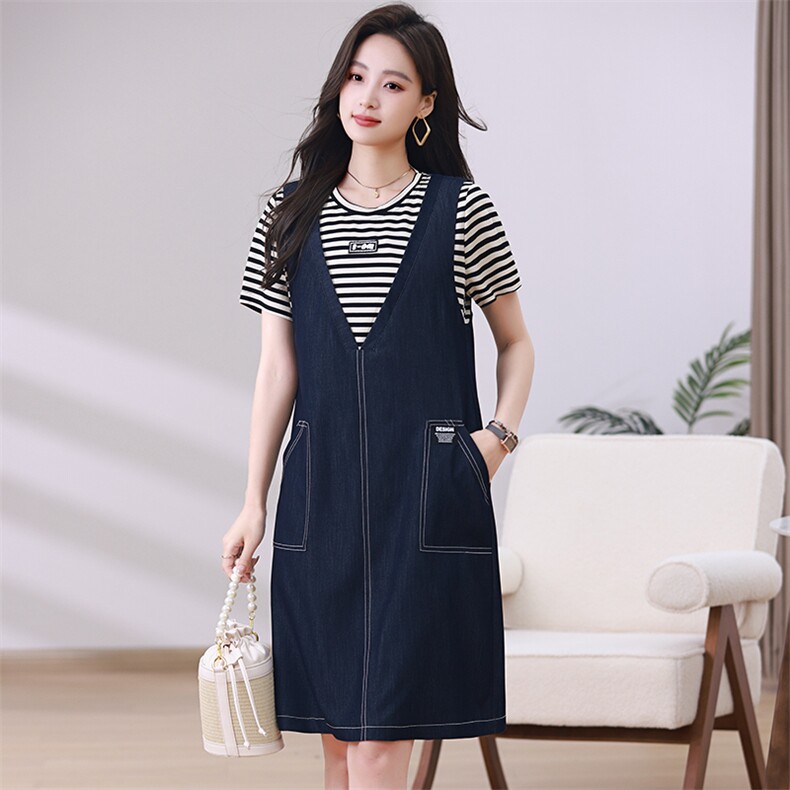 时尚显瘦条纹牛仔背带连衣裙夏季新款百搭减龄女装,女装连衣裙,梦芯尔