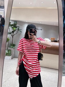 夏季新款 条纹不规则抽绳短袖图片