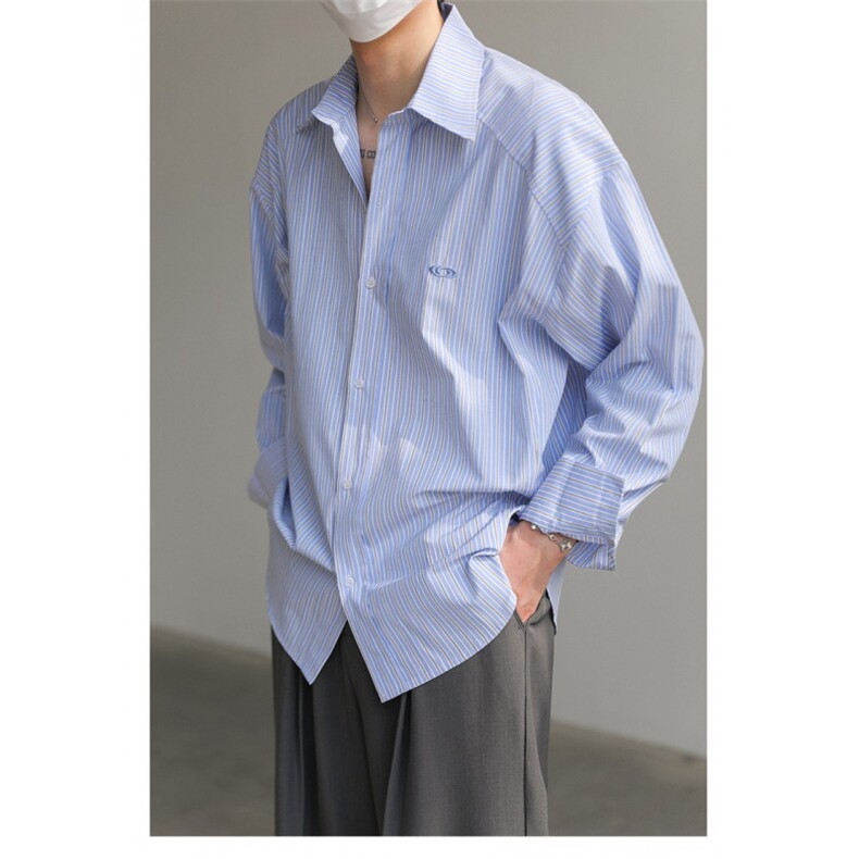 美式复古度假风清晨松弛感蓝白条纹衬衫夏季防晒设计感宽松衬衣男，男装衬衫，星座813-3