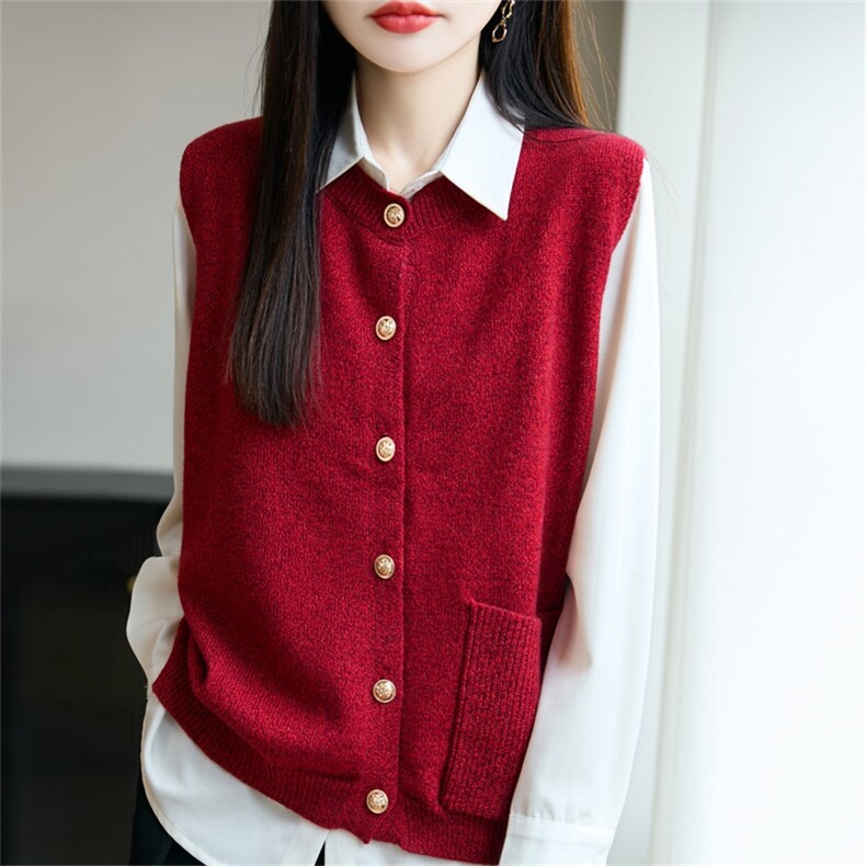 2025年秋季圆领常规亲服时尚百搭通勤花纱马甲，女装马甲，昭美羊绒