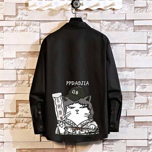 2021秋休闲日系砖墙大码男卡通猫印花宽松长袖衬衫C3200-P35