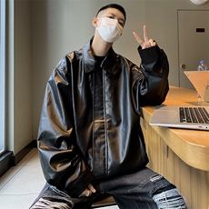 A812-P66皮衣外套男款秋季美式潮牌翻领宽松pu皮拼接机车服夹克，男装夹克，星座512-6