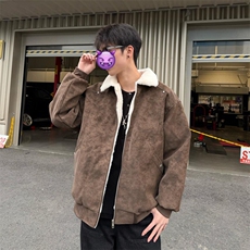 现货重磅硬挺boxy羽绒棉衣座山雕羊羔毛领洗水麂皮棉服冬外套，男装棉衣，电商A486-1