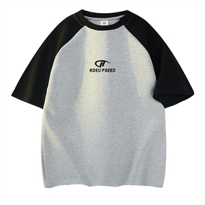 抖音得物高品质二开240克宽松纯棉美式潮牌插肩袖拼接短袖T恤图片