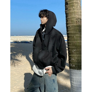 复古扎染珍珠点缀喷绘连帽卫衣男女休闲百搭宽松开衫上衣 WA242图片