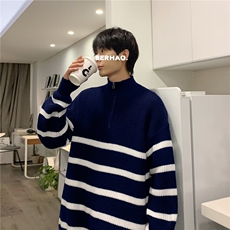 半拉链polo衫设计感毛衣男秋冬条纹加厚线衫痞帅针织外套3117/P55，男装针织衫/毛衣，星座506