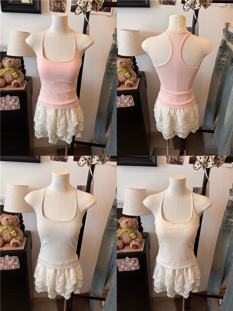 性感工字纯色美背轻奢带胸垫挂脖辣妹女百搭修身显瘦打底上衣，女装背心吊带，梦白服饰厂