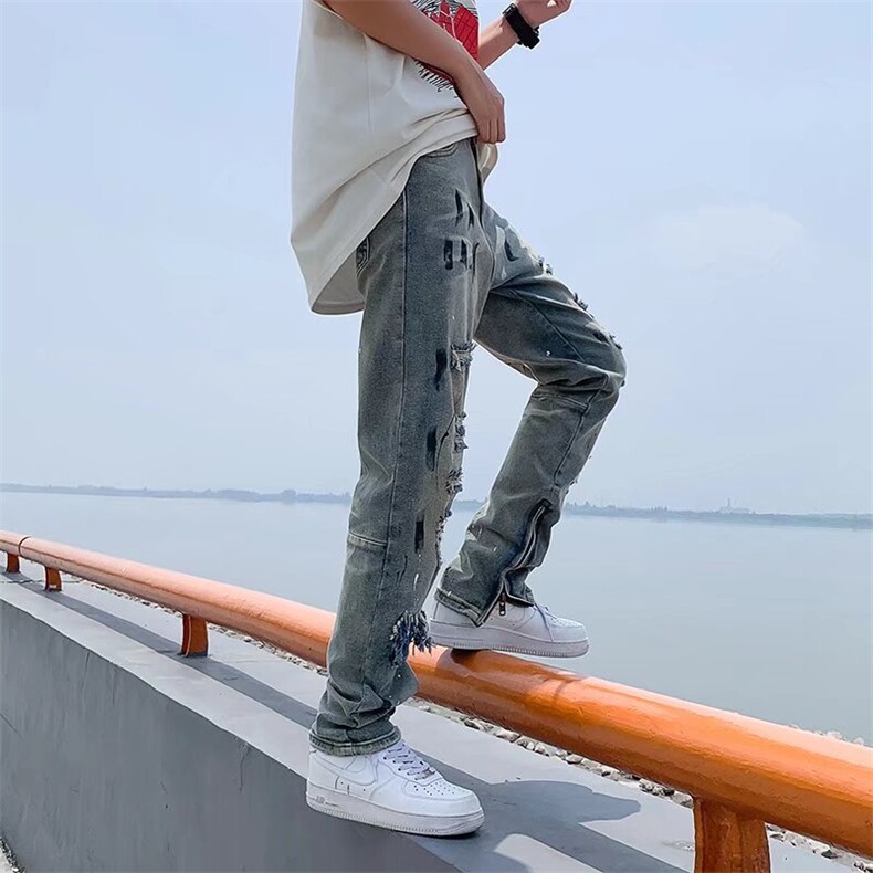 美式复古破洞牛仔裤男潮做旧补丁拉链修身直筒休闲长裤N8101-P47,男装牛仔裤,星座1116A-1（原606A）