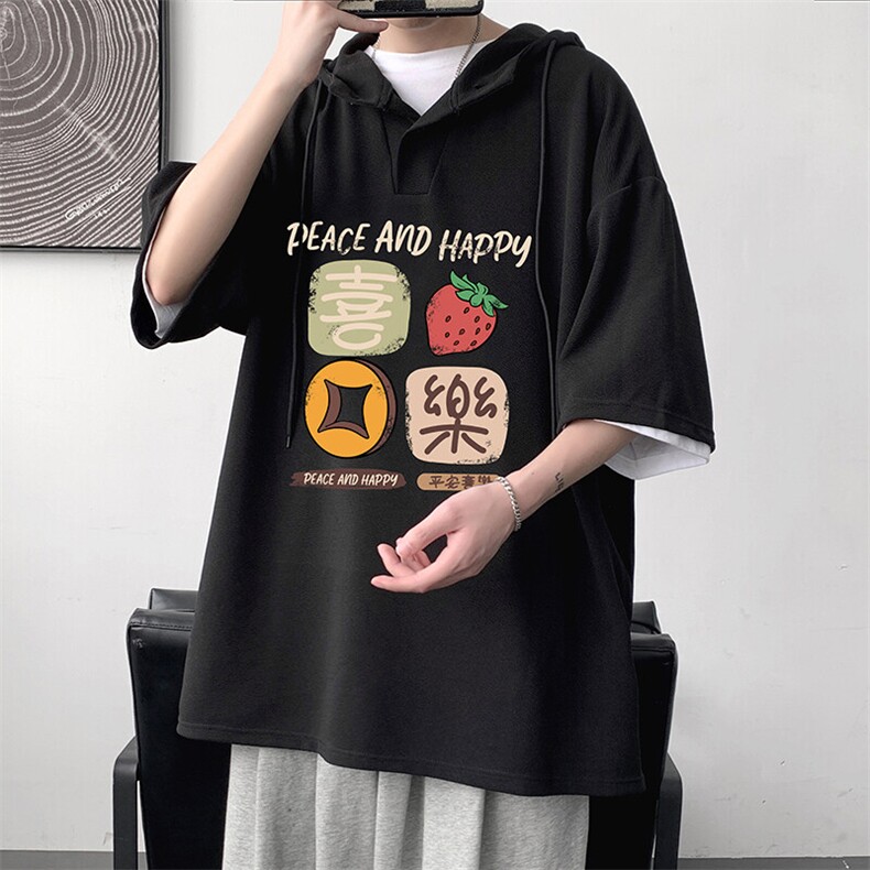 LD54322-P45NASA 连帽短袖t恤男大码胖子带帽五分袖中袖图片