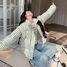 绿色条纹羽绒服女冬季2025新款高级感韩系设计感学院风加厚面包服，女装羽绒服，浙宝193A