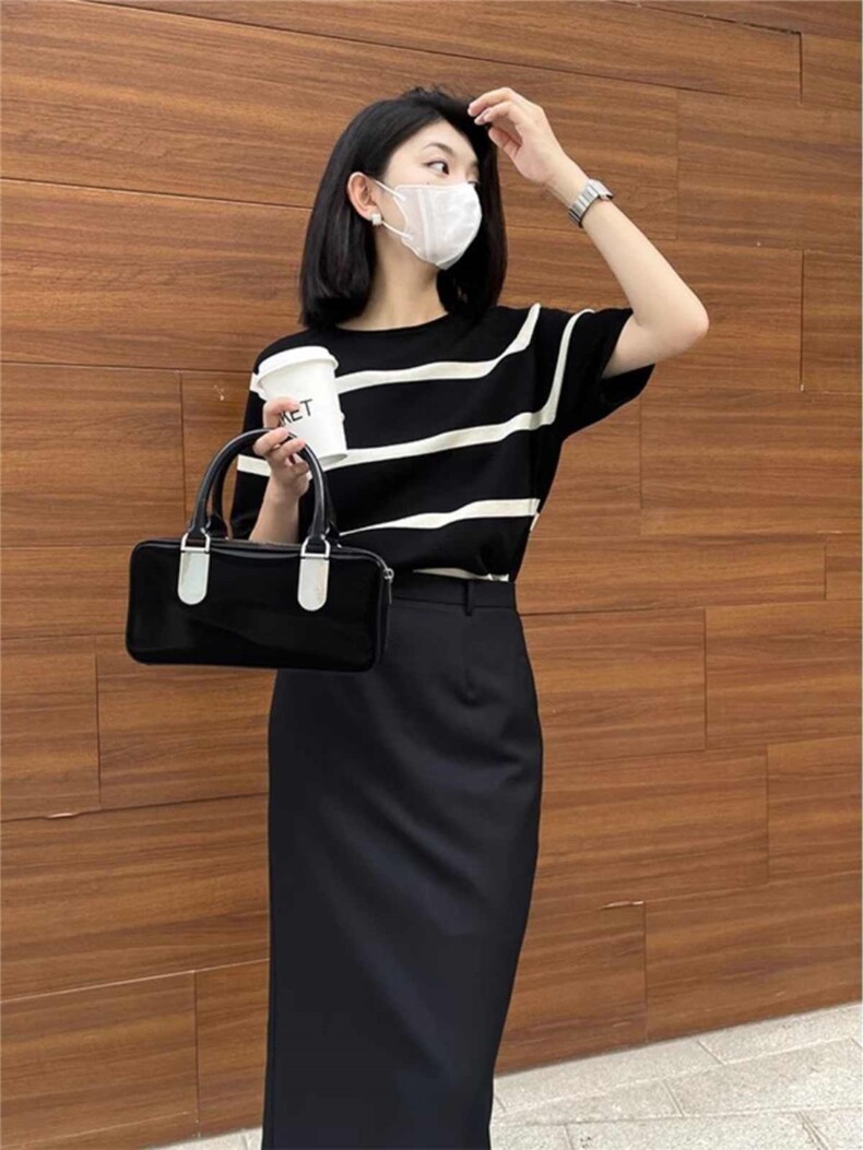 宽条纹短袖10%羊毛,女装T恤,佳弈羊绒