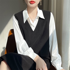 秋季简约时尚百搭V领呢子马甲连衣裙修身显瘦女士，女装连衣裙，圣丽羊绒