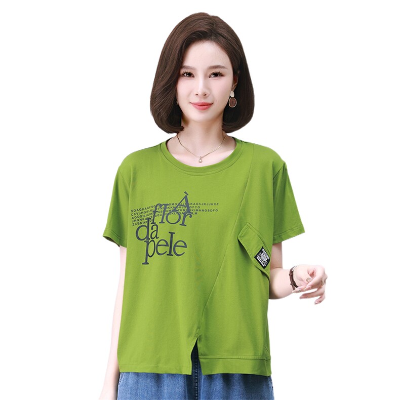 时尚宽松拼接印花短袖上衣舒适百搭显瘦T恤,女装衬衫,叶笙衣