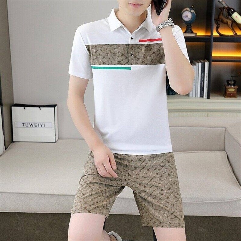 23667-P65Polo衫男士休闲套装夏季潮牌翻领短裤短袖t恤薄款两件套图片