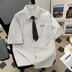 2025夏季新款条纹领带短袖衬衫半袖衬衣班服配领带现货W8609-P35，男装T恤，星座512-4
