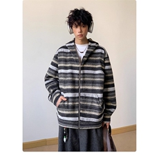 美式复古毛呢条纹开衫连帽卫秋冬季衣外套男士慵懒风情侣休闲帽衫，女装短外套，星座1210-1