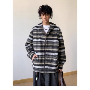 美式复古毛呢条纹开衫连帽卫秋冬季衣外套男士慵懒风情侣休闲帽衫图片