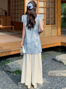新中式g风套装女夏高级感复古提花时尚洋气减龄显瘦阔腿裤两件套图片