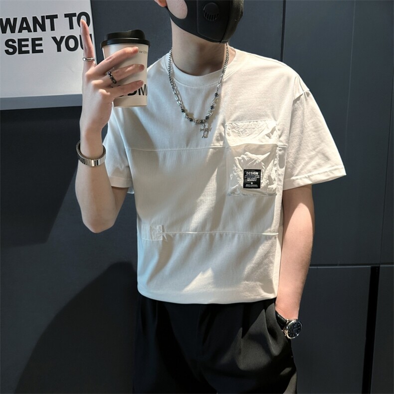 设计感贴布条纹个性立体口袋拼接短袖POLO衫男潮流宽松TX41-P48,男装Polo衫,电商A368