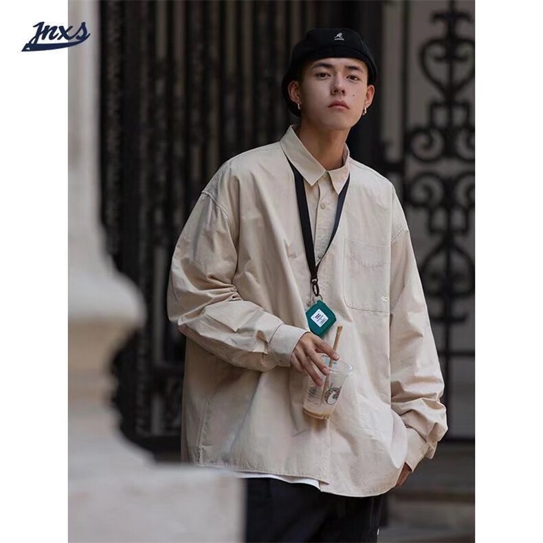 纯色工装衬衫男日系复古宽松长袖外套春ins潮流休闲百搭衬衣，男装衬衫，星座1210-1