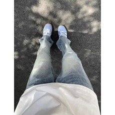 蓝色闪电纹加绒牛仔裤男款裤子美式高街高级感修身直筒微喇裤，男装牛仔裤，星座410-7