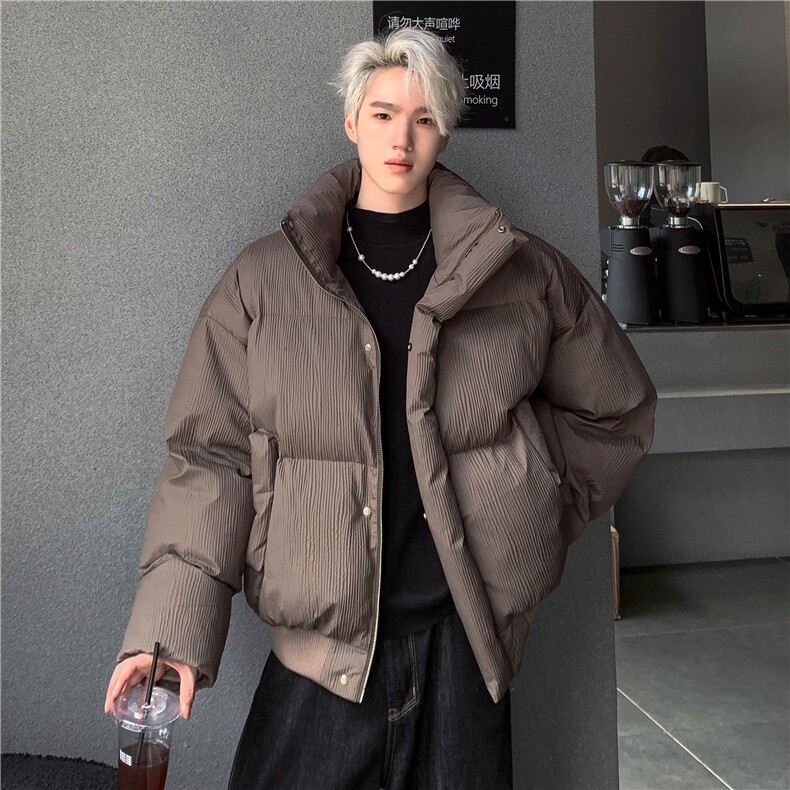 新货冬季压皱设计纯色立领棉衣男复古宽松BF保暖面包服外套my98,男装棉衣,电商C307