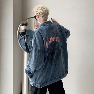 男装牛仔外套2026秋蜘蛛网字母印花男生翻领夹克XZ514-2-N101-P88图片