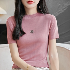 圆领新款针织女短袖纯色简约百搭宽松套头上衣通勤，女装针织衫/毛衣，戎洋