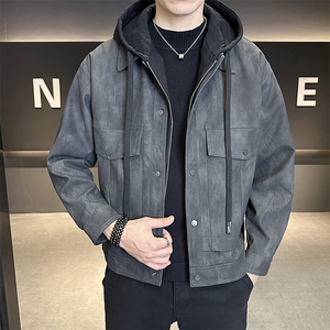 加绒加厚假两件连帽可拆卸男装皮衣外套夹克C317-J6661-P170图片