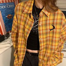 2025美式复古多巴胺黄色格子衬衫男女高街衬衣开衫长袖外套上衣，男装衬衫，星座506A