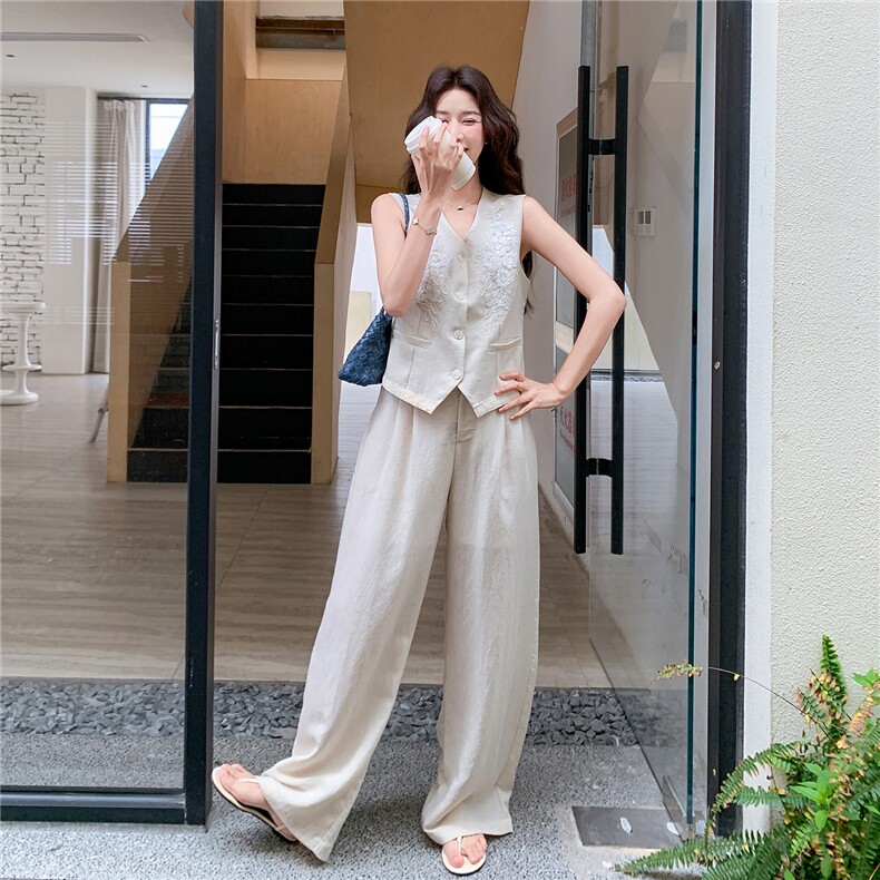 简约老钱风重工刺绣马甲阔腿裤套装女2026夏季显瘦超好看一整套,女装套装/套裙,流量+