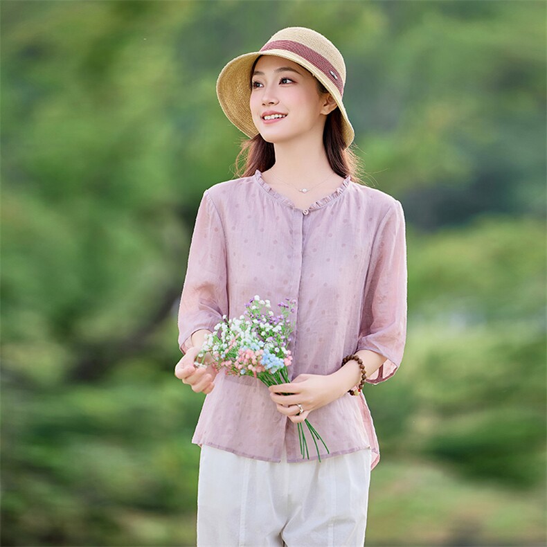2026年春季文艺风女短袖宽松亲肤透气薄常规苎麻，女装衬衫，江南依恋